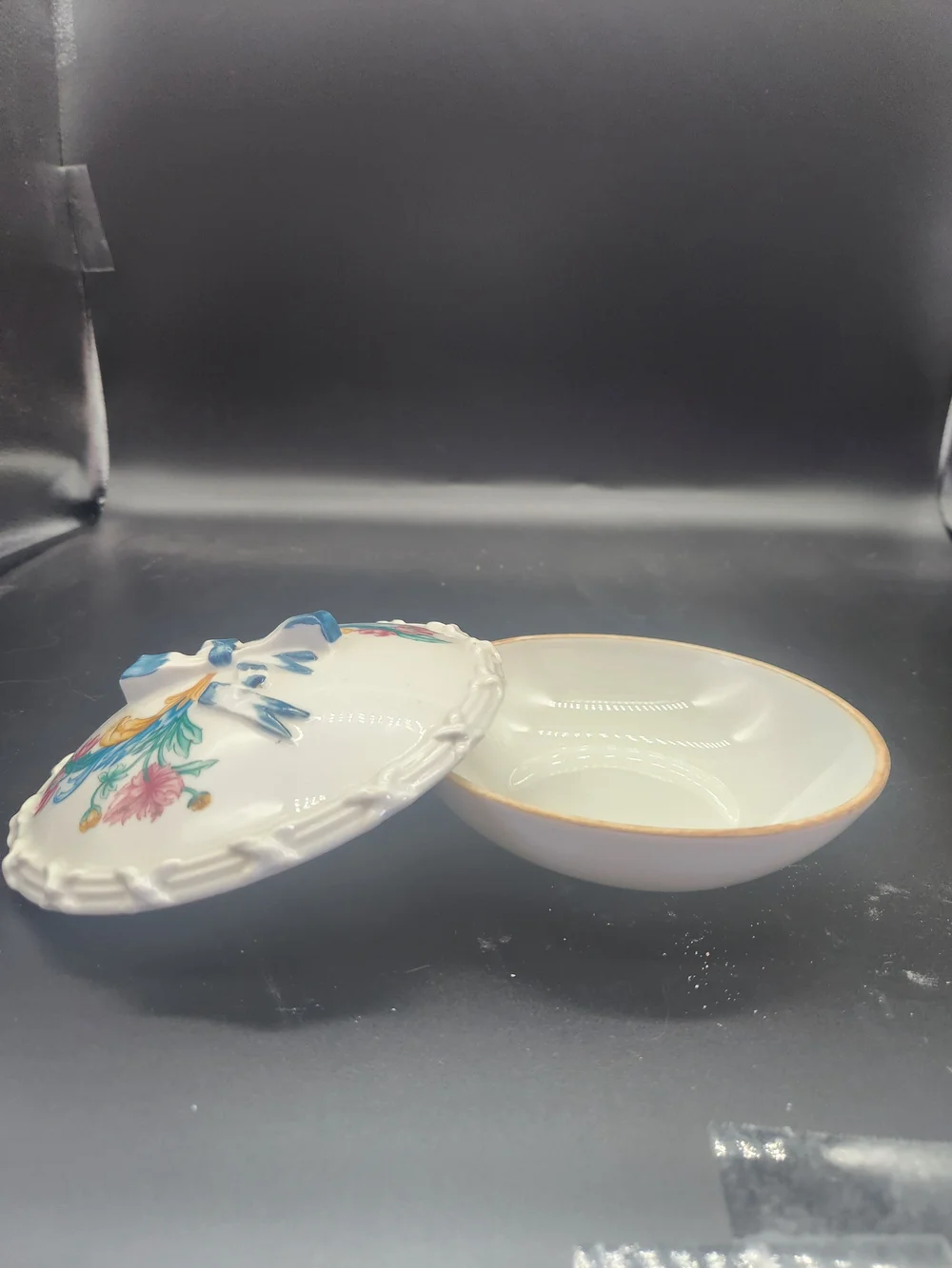 Porcelain Floral Trinket Dish with Bow Lid - White, Blue, Pink, Yellow